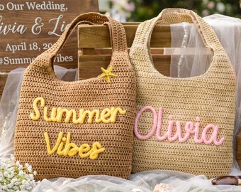 May include: Two crochet tote bags made of straw-colored material. The left bag is a darker tan with yellow yarn lettering that reads Summer Vibes and a small yellow starfish. The right bag is a lighter beige with pink yarn lettering that reads Olivia.