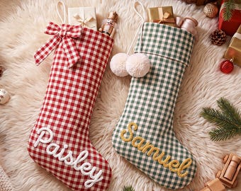 Personalized Plaid Christmas Stocking with bow,Custom Name Stocking,Christmas Gifts,Holiday Decor
