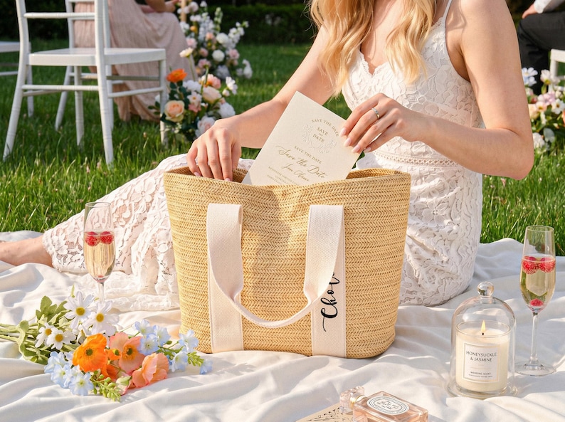K&ouml;nnte beinhalten: Eine Stroh-Tragetasche mit cremefarbenen Griffen und dem Namen "Cher" in Schreibschrift. Die Tasche liegt auf einer wei&szlig;en Decke mit Blumen, Sektgl&auml;sern und einer Kerze. Eine "Save the Date"-Karte wird gehalten.