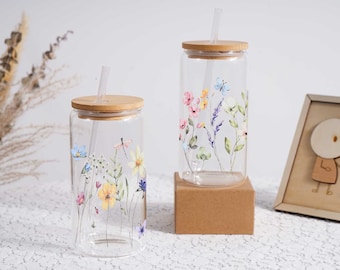 Flower Tumbler,Beer Can Glass with Lid and Straw,Gifts for Her,Mother Day Gifts