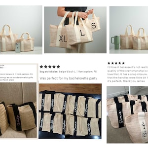 K&ouml;nnte beinhalten: Beige und cremefarbene Tragetaschen in verschiedenen Gr&ouml;&szlig;en, mit cremefarbenen Griffen und einem schwarzen Band. Einige Taschen haben individuelle Namen in Schwarz gestickt. Die Taschen sind aus gewebtem Material.