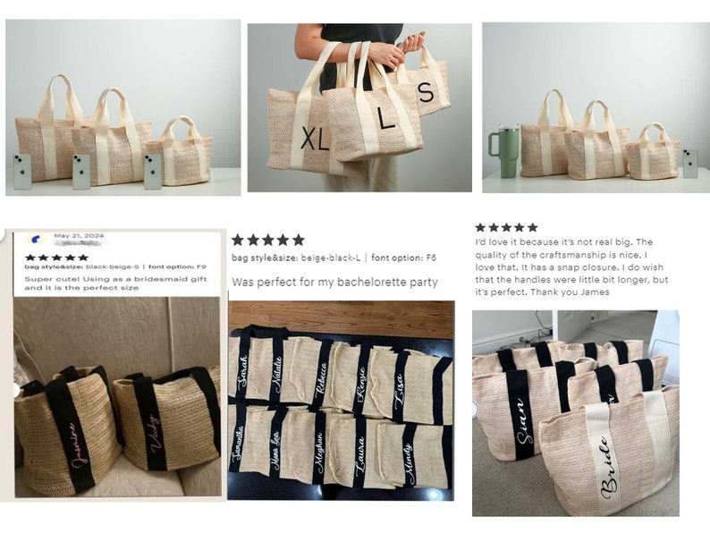 K&ouml;nnte beinhalten: Beige und cremefarbene Tragetaschen in verschiedenen Gr&ouml;&szlig;en, mit cremefarbenen Griffen und einem schwarzen Band. Einige Taschen haben individuelle Namen in Schwarz gestickt. Die Taschen sind aus gewebtem Material.