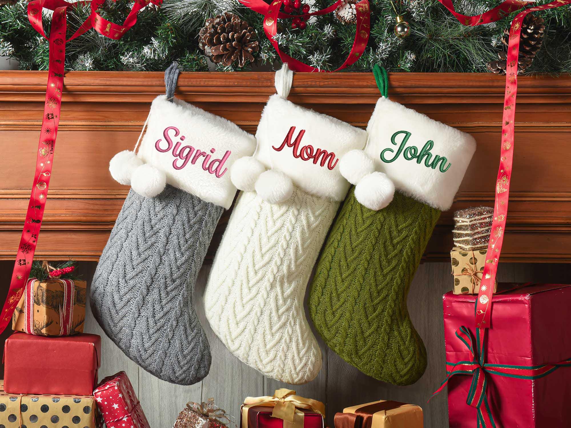 2025 Embroidered Christmas Stocking, Custom Christmas Stockings with pom pom, Holiday Gift, Xmas Stocking with Name, Christmas Decoration