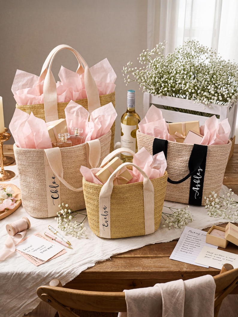 K&ouml;nnte beinhalten: Vier gewebte Stroh-Tragetaschen mit rosa Seidenpapier, Geschenken und personalisierten B&auml;ndern. Die Taschen haben cremefarbene Griffe und die Namen "Chloe", "Evelyn" und "Ashley" sind auf den B&auml;ndern aufgedruckt. Eine Weinflasche und Blumen sind ebenfalls vorhanden.