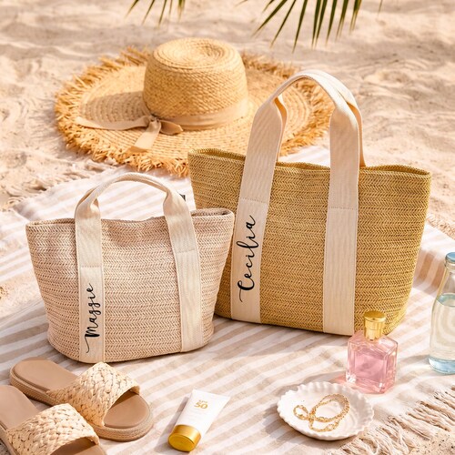Sac de plage personnalisé, sac fourre-tout en toile de jute, sacs de paille personnalisés, sac de douche nuptiale, cadeau de mariage, sac de plage bachelorette, proposition de demoiselle d'honneur