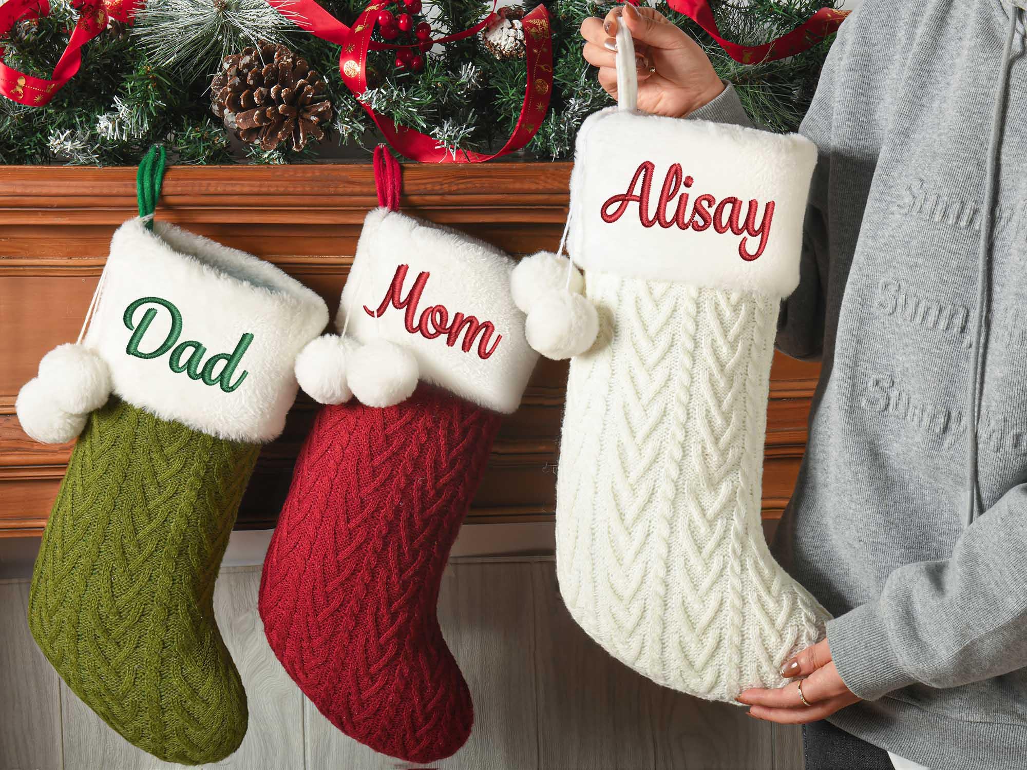 2025 Embroidered Christmas Stocking, Custom Christmas Stockings with pom pom, Holiday Gift, Xmas Stocking with Name, Christmas Decoration