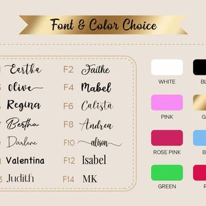 K&ouml;nnte beinhalten: Eine Grafik mit Schrift- und Farbauswahl. Der Text "Font & Color Choice" steht &uuml;ber einer Liste von Schriftarten, die mit F1 bis F14 gekennzeichnet sind, jede mit einem Beispielnamen. Farbfelder umfassen Wei&szlig;, Schwarz, Pink, Gold, Rosenrot, Blau, Gr&uuml;n und Rot.