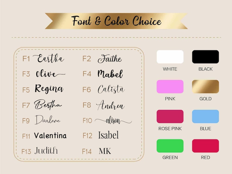 K&ouml;nnte beinhalten: Eine Grafik mit Schrift- und Farbauswahl. Der Text "Font & Color Choice" steht &uuml;ber einer Liste von Schriftarten, die mit F1 bis F14 gekennzeichnet sind, jede mit einem Beispielnamen. Farbfelder umfassen Wei&szlig;, Schwarz, Pink, Gold, Rosenrot, Blau, Gr&uuml;n und Rot.
