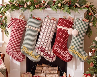 Personalized Bow Christmas Stocking 2026,Custom Crocheted Name Stocking,Plaid Holiday Decor,Christmas Gifts