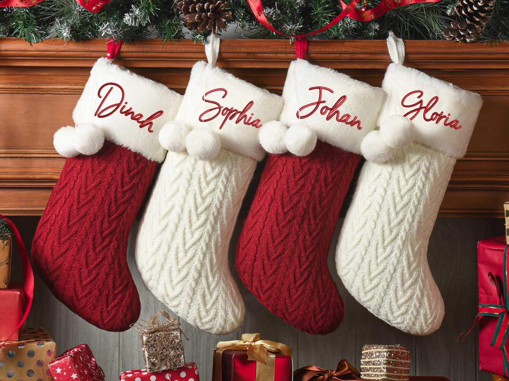 VReder Kerst Kousen, 56 cm Witte Baard Persoonlijke Geborduurde Kousen met Letters, Rode Schoorsteen Hangende Kerstman Sokken voor Kerstboom Decoratie Kerst Cadeau (Monogram T