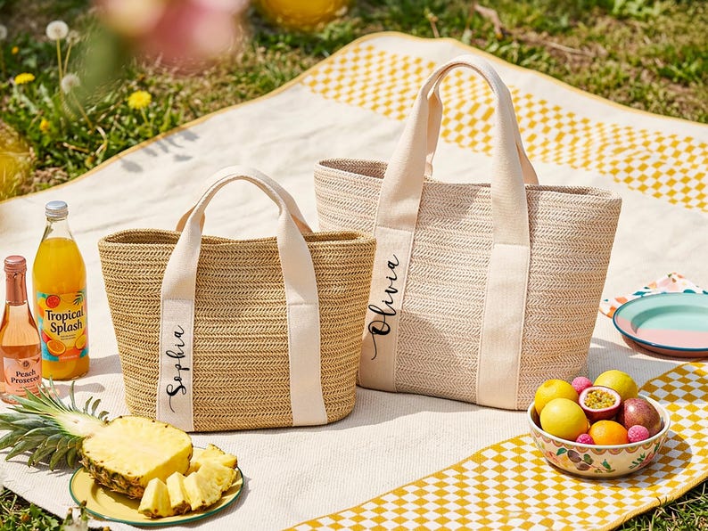 K&ouml;nnte beinhalten: Zwei gewebte Stroh-Tragetaschen mit cremefarbenen Griffen und Namensschildern. Eine Tasche ist mit "Sophia" und die andere mit "Olivia" beschriftet. Die Taschen liegen auf einer Picknickdecke mit Ananas, Obstschale und Getr&auml;nken.