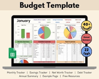 May include: A laptop computer screen displaying a spreadsheet with a budget template. The spreadsheet is titled "January" and includes sections for cash flow, income summary, variable expenses, fixed expenses, and allocation summary. The spreadsheet also includes pie charts and graphs. The laptop is on a white surface with the text "All in One Budget Template" above the laptop. The text "40+ Features" and "22 Tabs" are in circles on the right side of the image. The text "Monthly Tracker | Savings Tracker | Net Worth Tracker | Debt Tracker | Annual Summary | Example Page | Free Resources" is below the laptop.