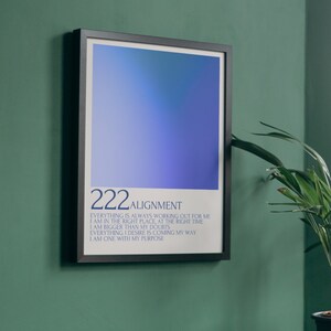 Plakat z afirmacjami numerów aniołów, 222 wydruk cyfrowy, niebieski wystrój domu, sztuka ścienna