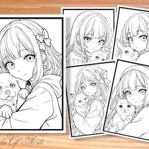 Anime Girls Coloring page With Cute Animals for Adults & Children Hand Drawn Anime Style Coloring Pages  JPEG Printable PDF Instant Download
