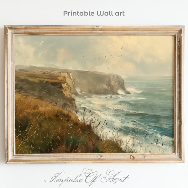 Rugged cliffs Ocean Art Vintage Seascape Coastal Painting Soft Muted Tones Shoreline Canvas Rugged Cliffs Wall Art Decor Ocean Print