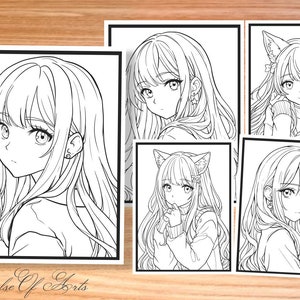 Cute anime Girls Coloring page for Adults & Children Hand Drawn Anime Style Coloring Pages  JPEG Printable PDF Instant Download