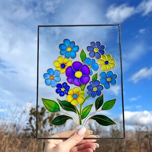 Suncatcher, Stained glass window hangings, Suncatcher window, Stained glass, Flowers decor, Blue flowers suncatcher, Glass painting