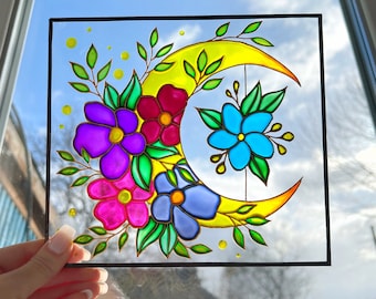 Attrape-soleil, Vitrail, Tentures de vitrail, Décoration lune, Attrape-soleil fleurs, Peinture sur verre