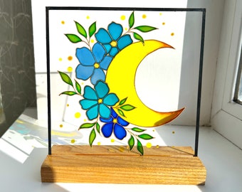 Attrape-soleil, Vitrail, Tentures de vitrail, Décoration lune, Attrape-soleil fleurs, Peinture sur verre