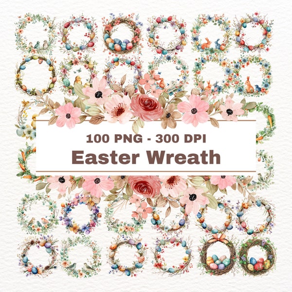Easter Wreath Watercolor ,Clipart Bundle, Easter eggs PNGs Design, Digital Art for Spring Crafts and Decor, Transparent Background PNGs