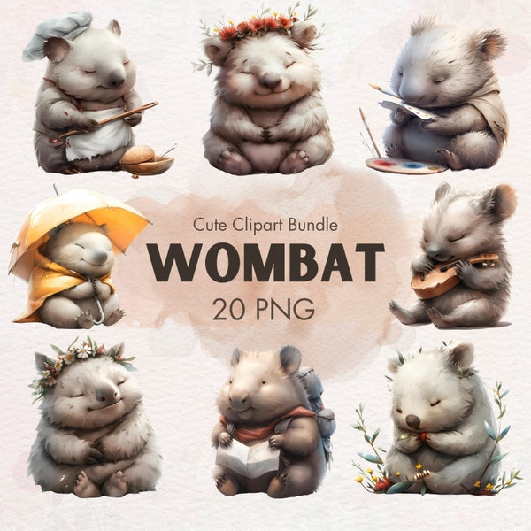 Cute Wombat Clipart, Wombat, Animal, Watercolor, Digital Art Bundle, PNG Clipart, Sublimation, Digital Download, Printable, Nursery Decor