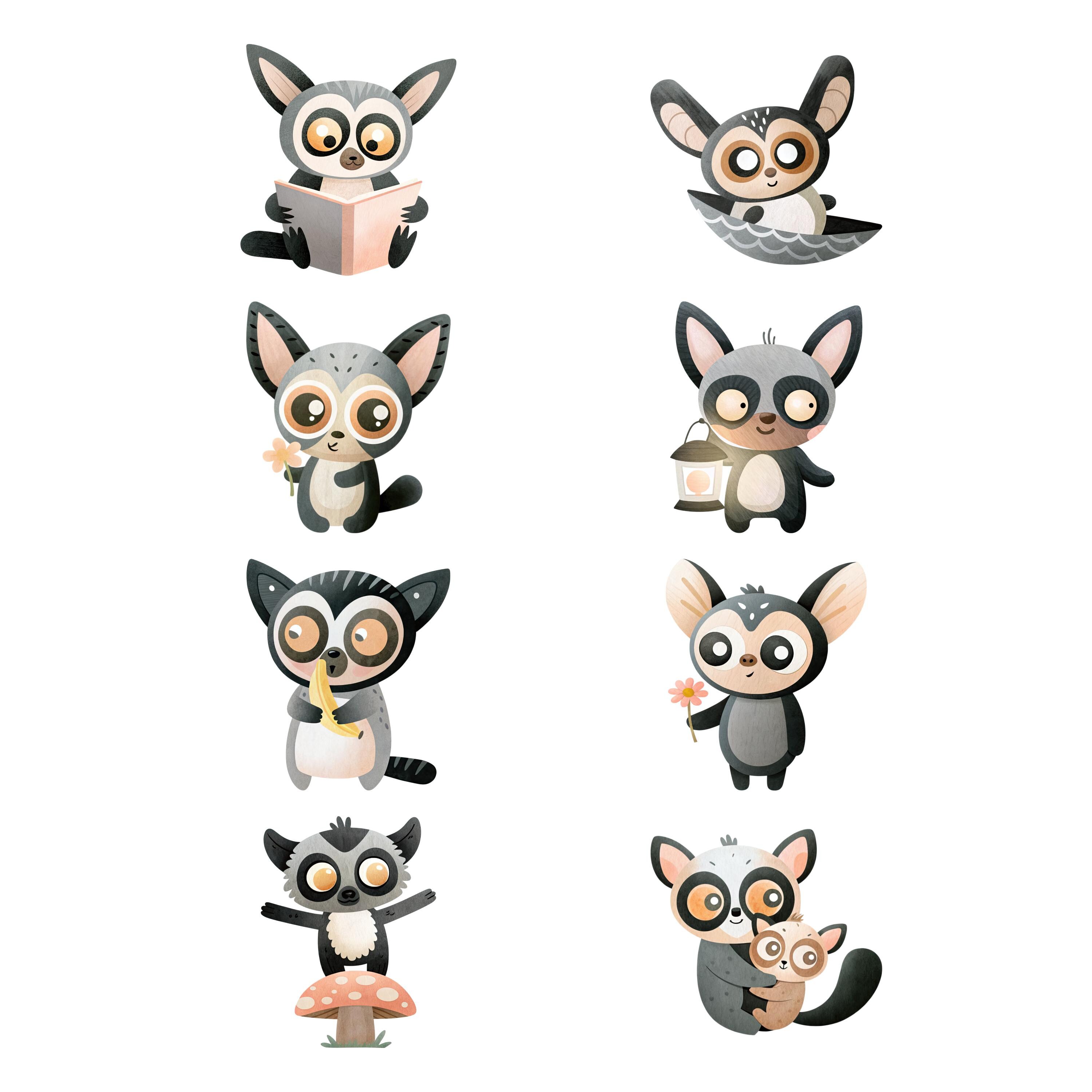 Cute Bush Baby PNG Clipart Set, Watercolor Galago Animal Illustration ...