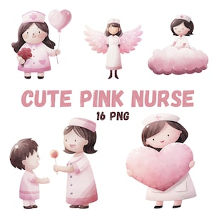 Cute Nurse PNG Clipart Bundle, Watercolor Nurse, Pink Nurse Digital Stickers, medical clipart, nurse clipart, medicine clipart, Watercolor