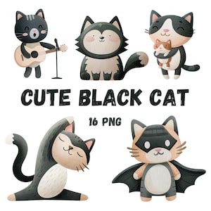 Cute Black Cat Clipart Set - Adorable Cat PNG Bundle Cute Cat PNG, Kitten Graphics, Happy Baby Animals, Printable Cartoon Animal, Nursery