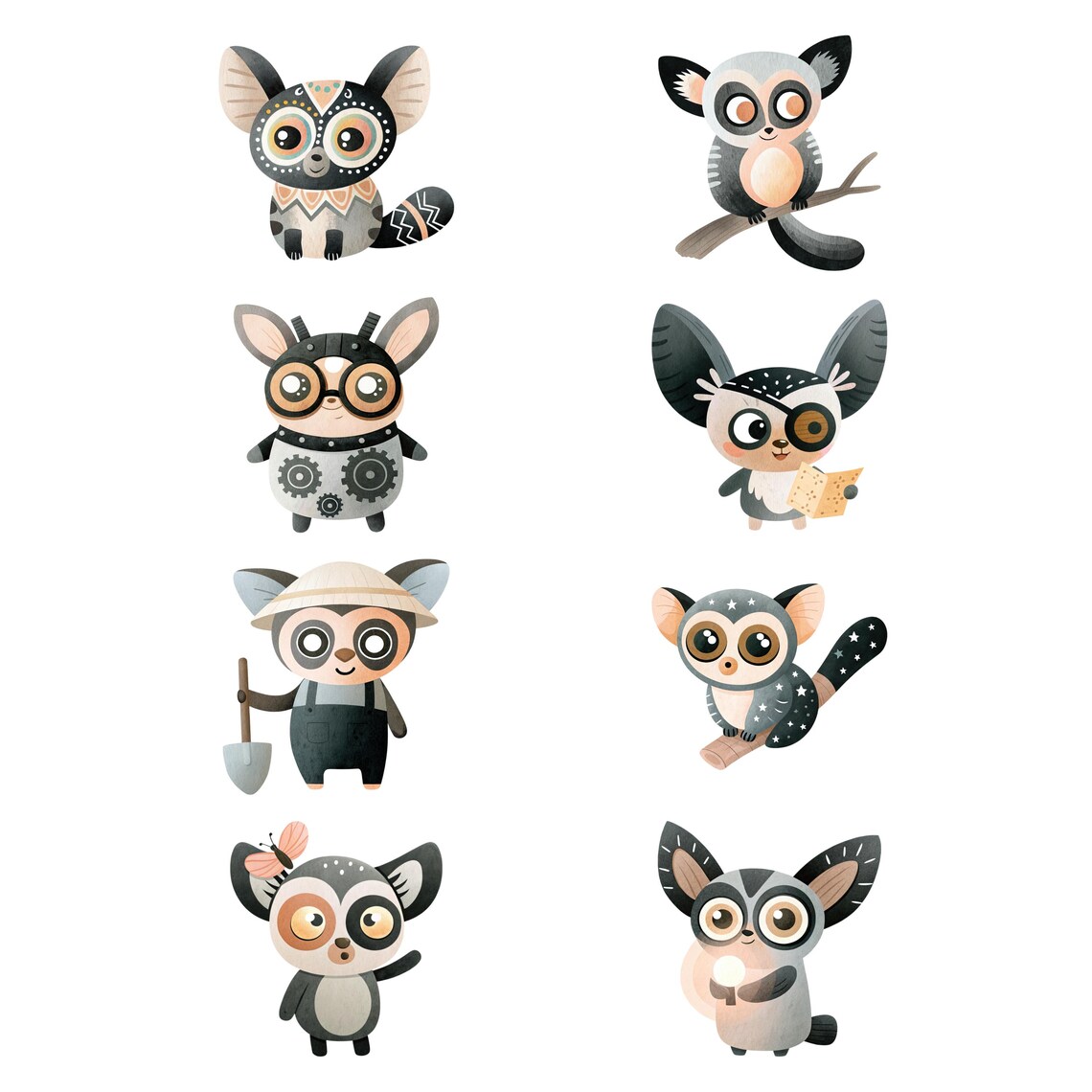 Cute Bush Baby PNG Clipart Set, Watercolor Galago Animal Illustration ...