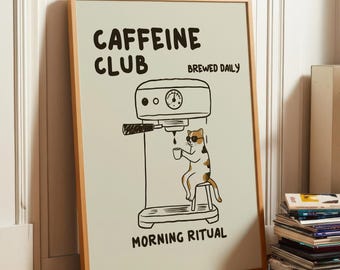 Caffeine Wall Art, Modern Wall Art, Retro Coffee Print, Printable Wall Art, Funny Kitchen Decor, Coffee Gifts, Cute Coffee Wall Art