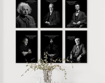 Peut inclure: Six affiches de motivation encadrées en noir et blanc avec des citations de personnalités célèbres. Les affiches présentent Albert Einstein, John F. Kennedy, Abraham Lincoln, Warren Buffett, Nelson Mandela et Thomas Edison.
