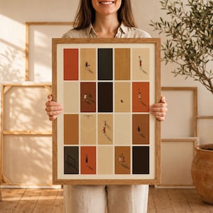 Puede incluir: Una lámina de arte mural rectangular enmarcada que presenta una cuadrícula de veinte paneles verticales en tonos crema, beige, naranja y negro. Cada panel muestra una pequeña ilustración minimalista de jugadores de baloncesto.