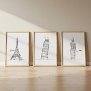 Paris & Pisa Cityscape Print: Black and White Travel Poster (Digital Download)