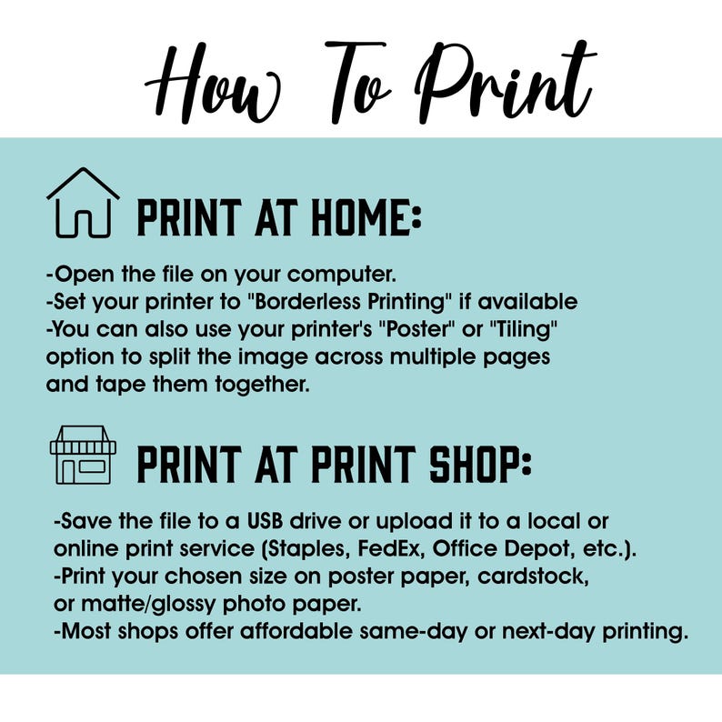Puede incluir: Un p&oacute;ster turquesa con texto negro e ilustraciones. El t&iacute;tulo "How To Print" est&aacute; en cursiva. Se proporcionan instrucciones para imprimir en casa y en una imprenta, incluyendo opciones de archivo y papel.