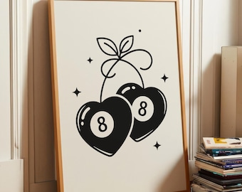 Trendy Retro 8 Ball Print, Illustration Vintage Wall Art, Modern Kitchen Decor, Illustration Large Printable Art, Digital Download