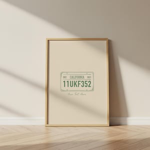 Puede incluir: Una impresión enmarcada con un fondo crema, que presenta un diseño de placa de matrícula de California verde. La placa dice "11UKF352" e incluye "DEC CALIFORNIA 2021". La parte inferior de la impresión tiene el texto "Your Text Here".