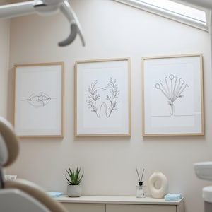 May include: Three framed art prints with minimalist line drawings related to dentistry. One depicts lips and teeth, another a tooth with leaves, and the third dental tools in a vase. The frames are light wood, and the background is a neutral color.