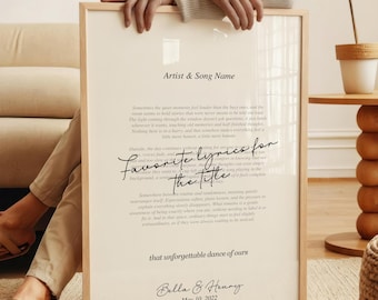 Impresión personalizada de letras de canciones de boda, arte mural personalizado para el primer baile, regalo de aniversario, póster imprimible con letras para parejas
