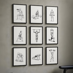 Fitness Gym Poster Set of 9 – Artistic Minimalist Line Art of Full-Body Training , Wall Decor, Home Gym Decor, Fitness Prints, Wall Art