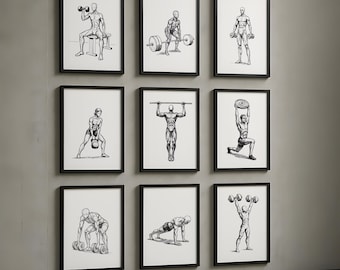 May include: Nine framed black and white illustrations of weightlifting exercises. Each frame contains a different pose, including bench press, squats, and overhead lifts. The artwork is displayed on a gray wall.