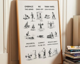 Minimal Gym Motivation Poster, Black White Fitness Wall Art, Hand Drawn Workout Illustration, Athlete Mindset Decor
