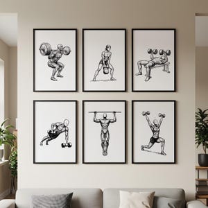 Minimalist Gym Poster Set of 6 – Line Art Weightlifting & Bodyweight Fitness Prints in Black Ink, Wall Decor, Home Gym Decor, Fitness Prints