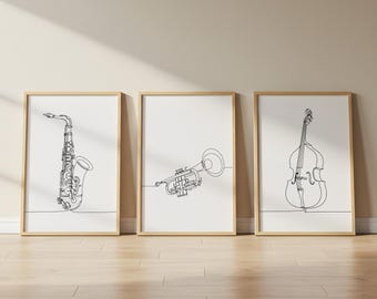 Music Line Art Set of 3, Minimalist Music Wall Decor, Musician Gift, Modern Home Studio Prints, Digital Download