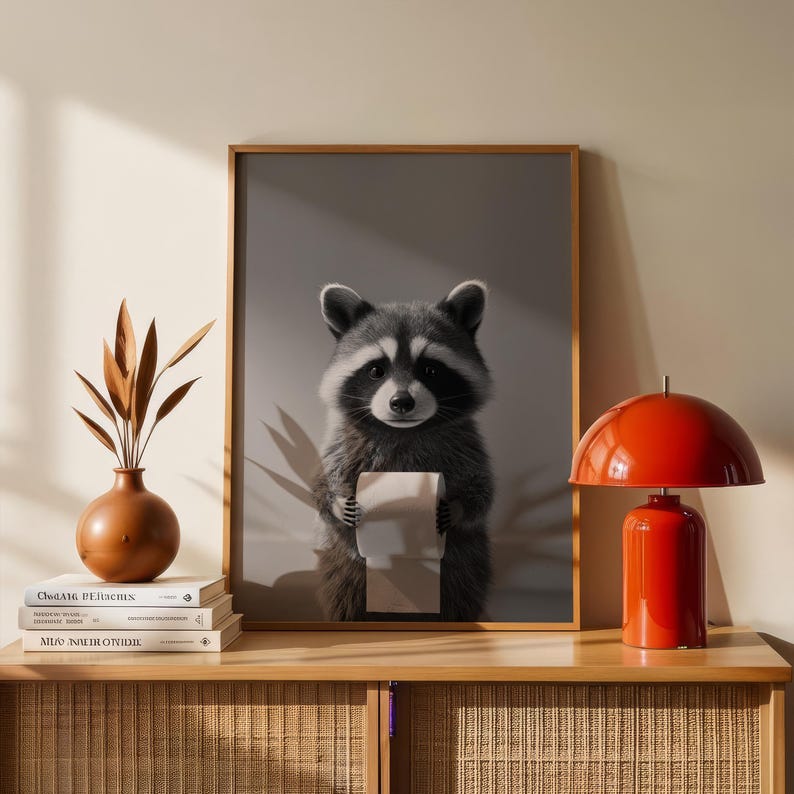 Funny Raccoon Bathroom Wall Art, Black and White Animal Poster ...