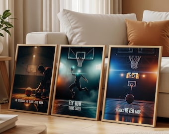 Basketball Wall Art Set of 3, Motivational Sports Posters, Athlete Mindset Decor, Gym & Boys Room Artwork, Digital Download