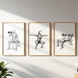 Minimalist Fitness Line Art Poster Set of 3,  Black and White Abstract Gym Wall Decor, Home Gym Decor, Fitness Prints, Wall Art, Instant