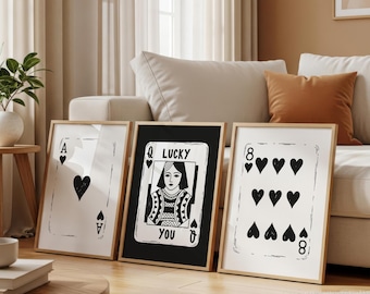 Retro Wall Art Set of 3, Trendy Aesthetic Prints, Lucky You Poster Bundle, Ace Card Wall Decor, Funny Vintage Digital Download