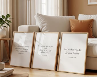 Christian Bible Verse Wall Art Set of 3, Black and White Scripture Prints, Faith Based Home Decor, Digital Download