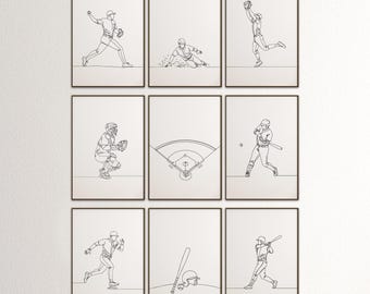 9 Baseball Sports One Line Wall Art Decor Poster Set, Printable, Print, Gift for Him, Boy Man Room Decor, Line Art Drawing, Digital Download