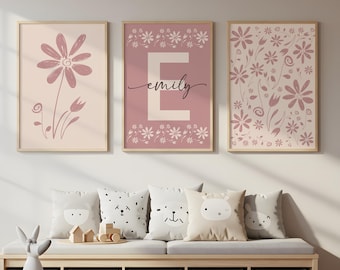 Personalized Floral Wall Art Set of 3, Custom Name Nursery Prints, Boho Girl Room Decor, Digital Download